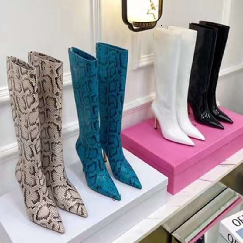 2024 new fashion show snake patterned back zipper pointed high slim heels, knee length oversized boots for women