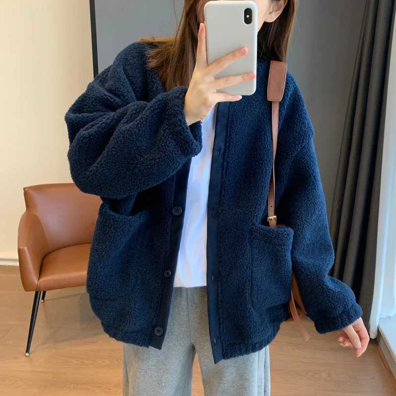 2024 New Casual Lamb Wool Jacket For Women Autumn Winter Solid Fleece Baseball Coat Simple Long Sleeved Cardigan Velvet OvercoatX241018