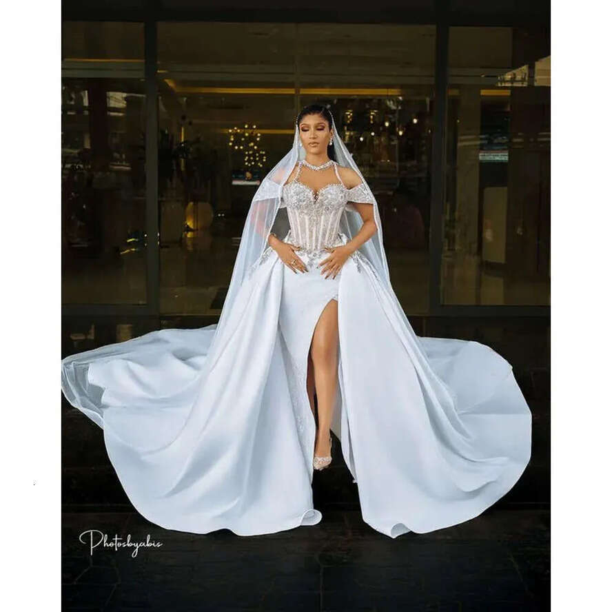 Plus Arabic Aso Ebi Oct Size Lace Mermaid Wedding Dress Beaded Crystals Detachable Train Bridal Gowns Dresses Zj Es 6660311