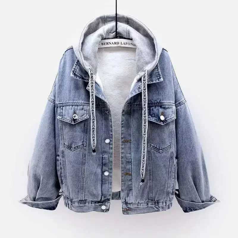 Womens Thickened Warm Lamb Wool Top Denim Jacket Hooded Loose-fit Fleece Lining For winterX241018