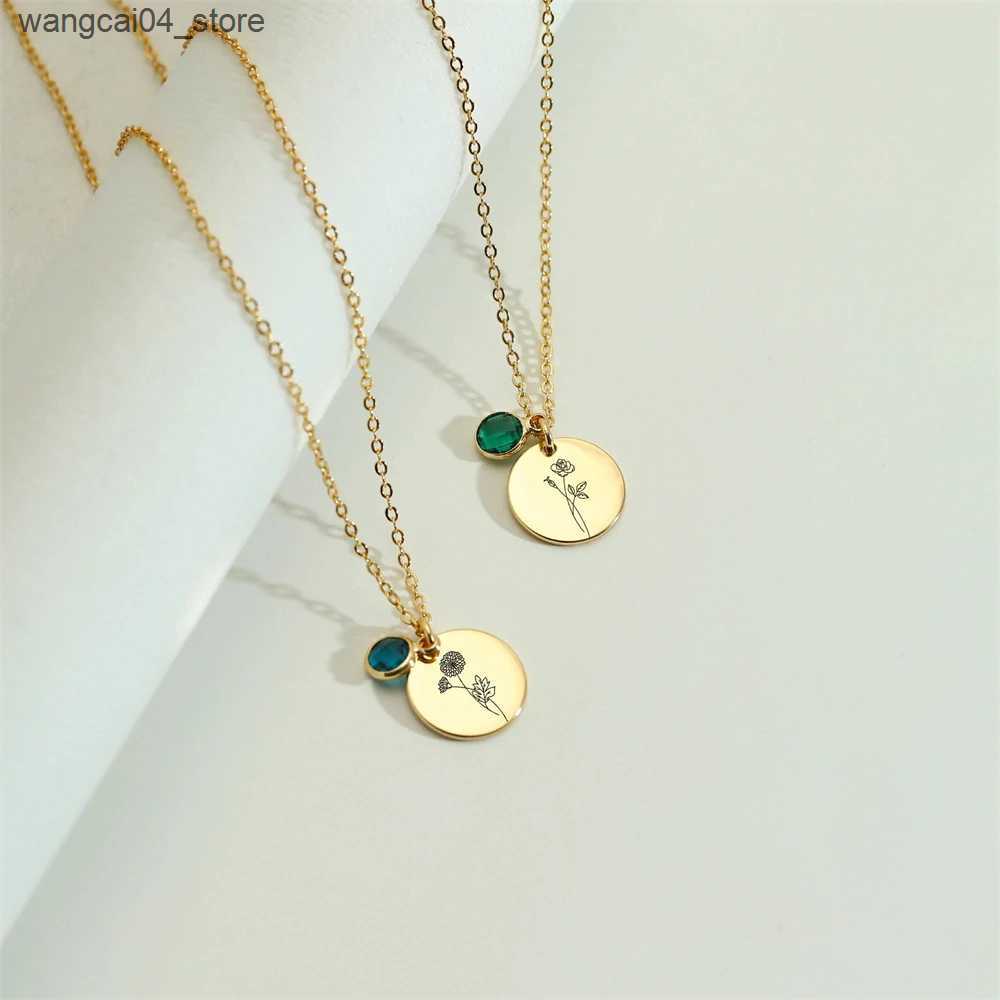 Chokers 2024 New Carving Birth Flower Necklace Personalized Flower Jewelry Womens Customized Birth Stone Necklace Bridal Maid Gift L240910