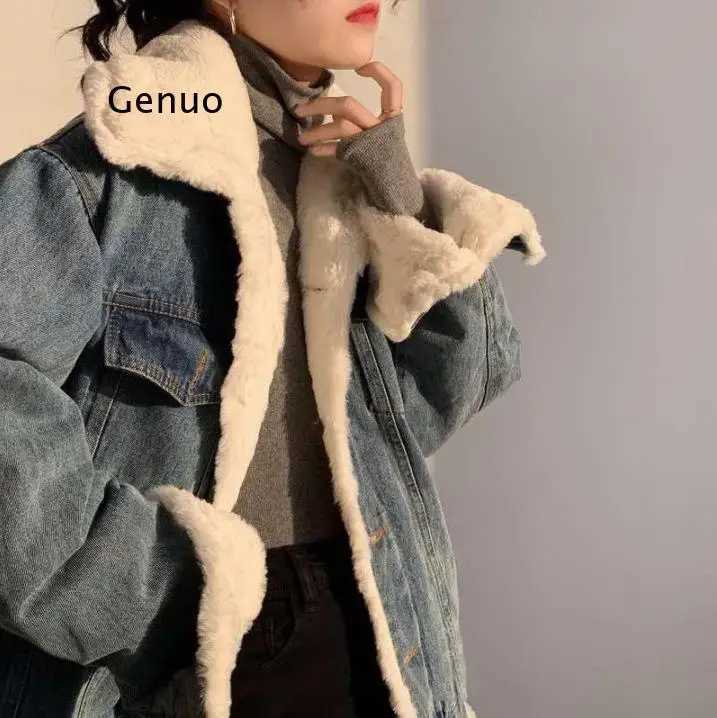 Winter Womens Lamb Wool Jean Jackets Coat Streetwear Thick Warm Baggy Tops Female Korean Fashion Denim Cropped Jackets OutwearX241018