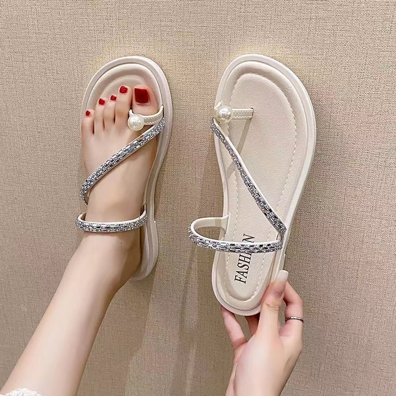 Slippers Women Wearing Internet Famous Fashionable Rhinestones French Style Sandals Super Fairy Matching Skirts Flat For Summer Outings Ddmythur