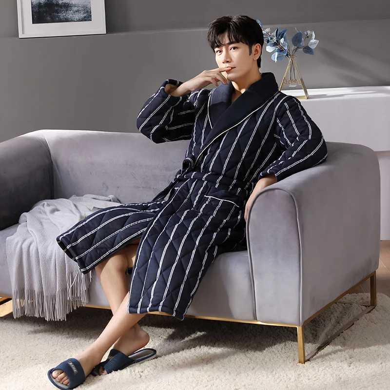 Thick 3 Layers Keep Warm Winter Striped Bathrobe Men Soft Cotton Quilted Long Kimono Bath Robe Male Dressing Gown for Mens RobeXJ241018