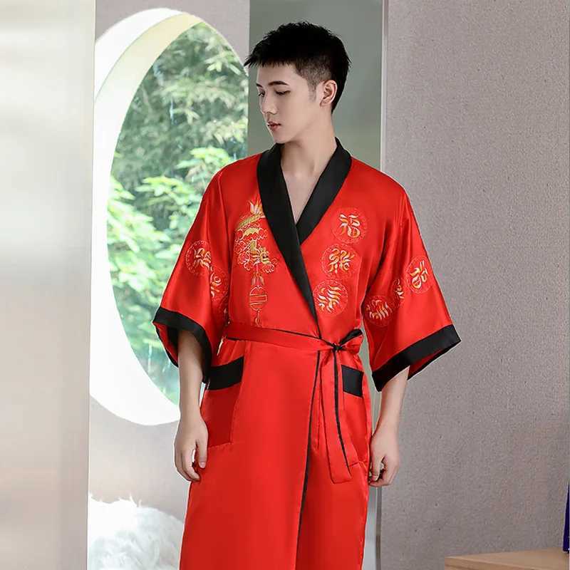 Chinese Style Embroidered Dragon Men Robe Kimono Bathrobe Gown Half Sleeve Satin Sleepwear Nightwear Loose Home Wear with PocketXJ241018
