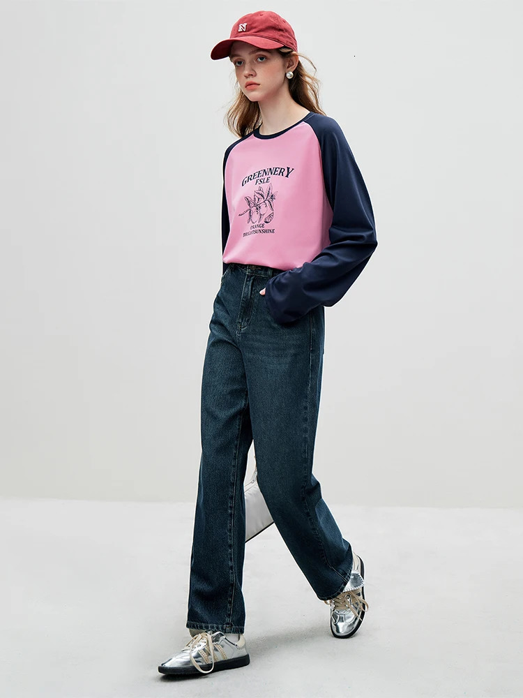 FSLE Contrasting Raglan Sleeve Print Long Women Top Autumn Casual Round Neck Female Tshirts 241018