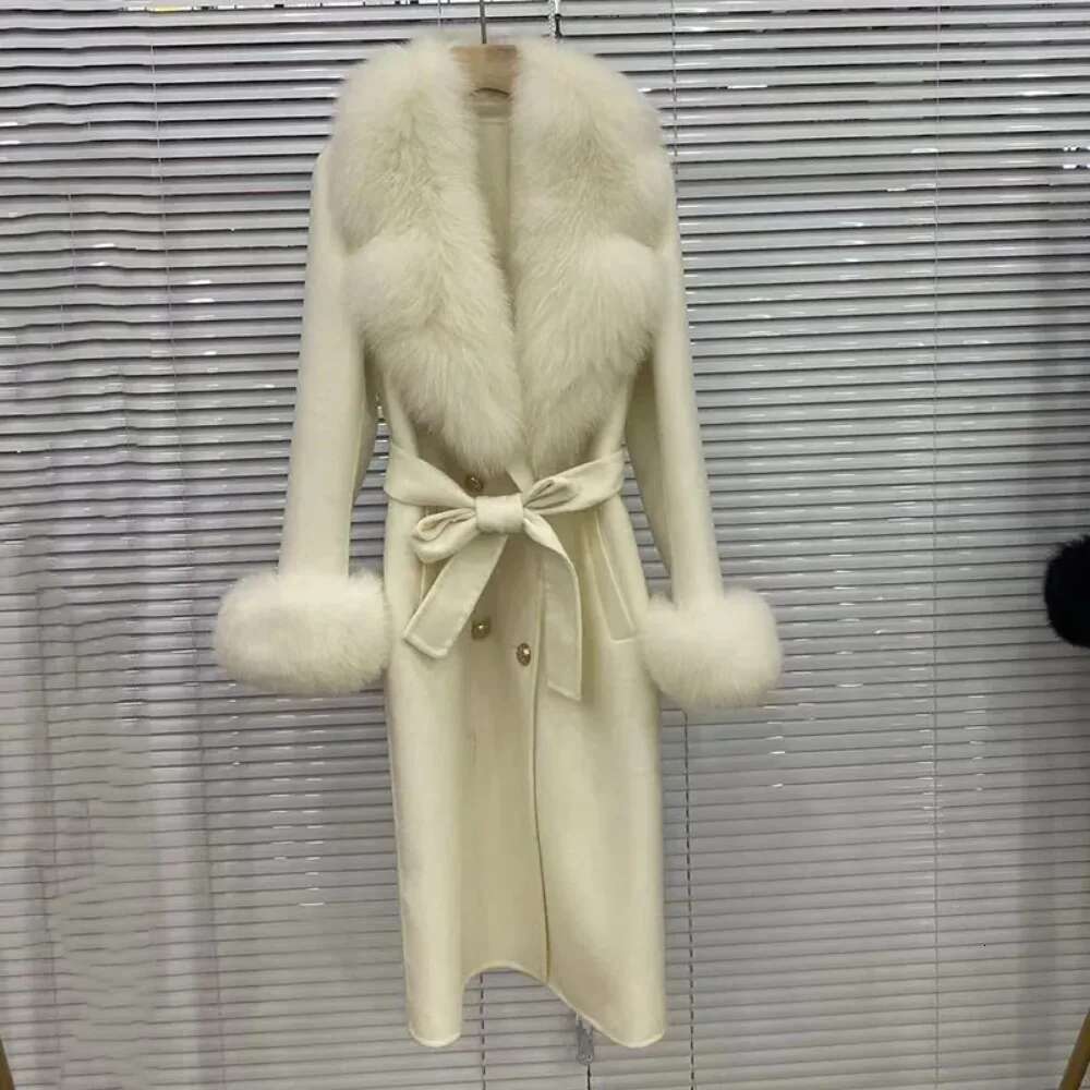 New Long Wool Cashmere Blended Coat Women 2024 Double Breasted Belt Outerwear Cuff Real Fox Fur Collar Fashion Winter Jacket