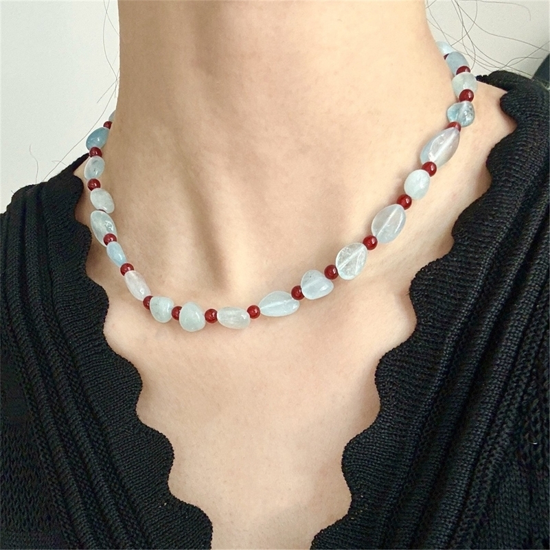 Natural aquamarine gemstone red agate irregular bead necklace for women Bohemian handmade bluestone bracelet jewelry set 241017
