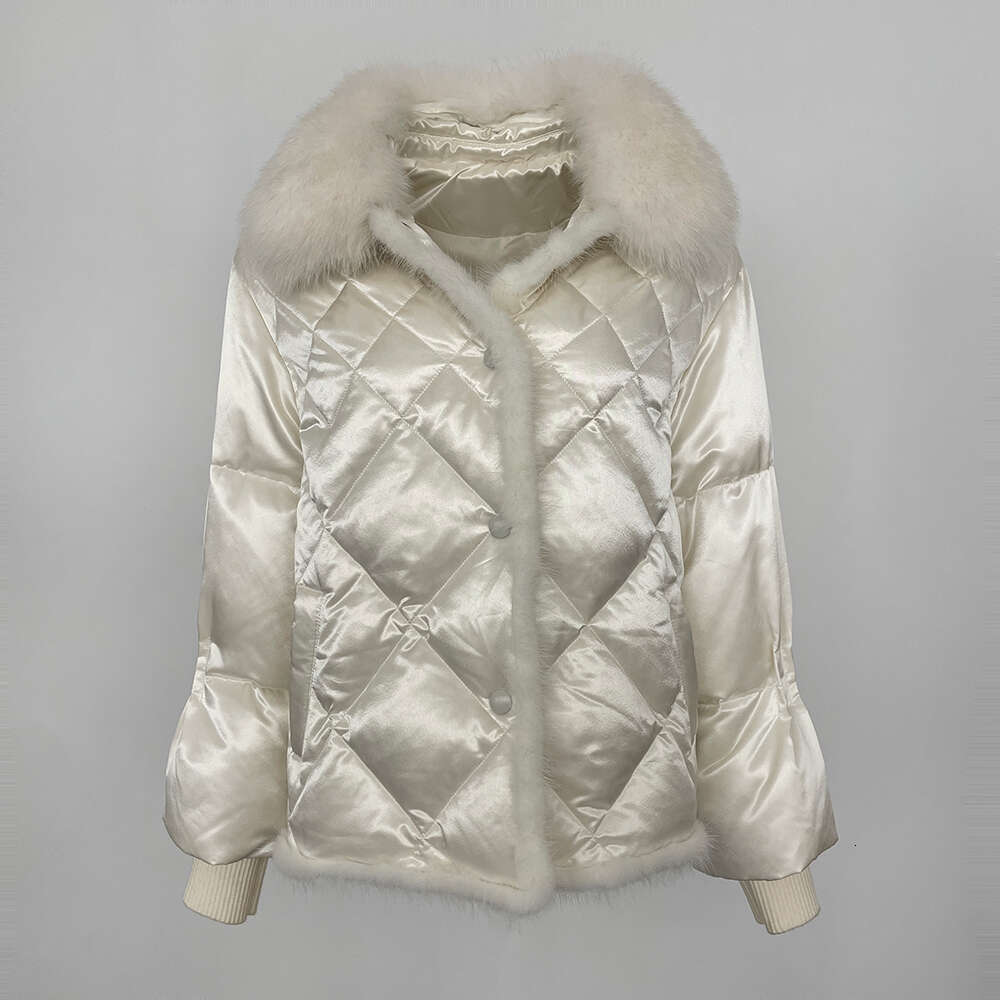 Mink Puffer Real Fox Jacket Women Autumn Winter Large Fur Collar Short Casual 90 White Duck Down Coat Warm
