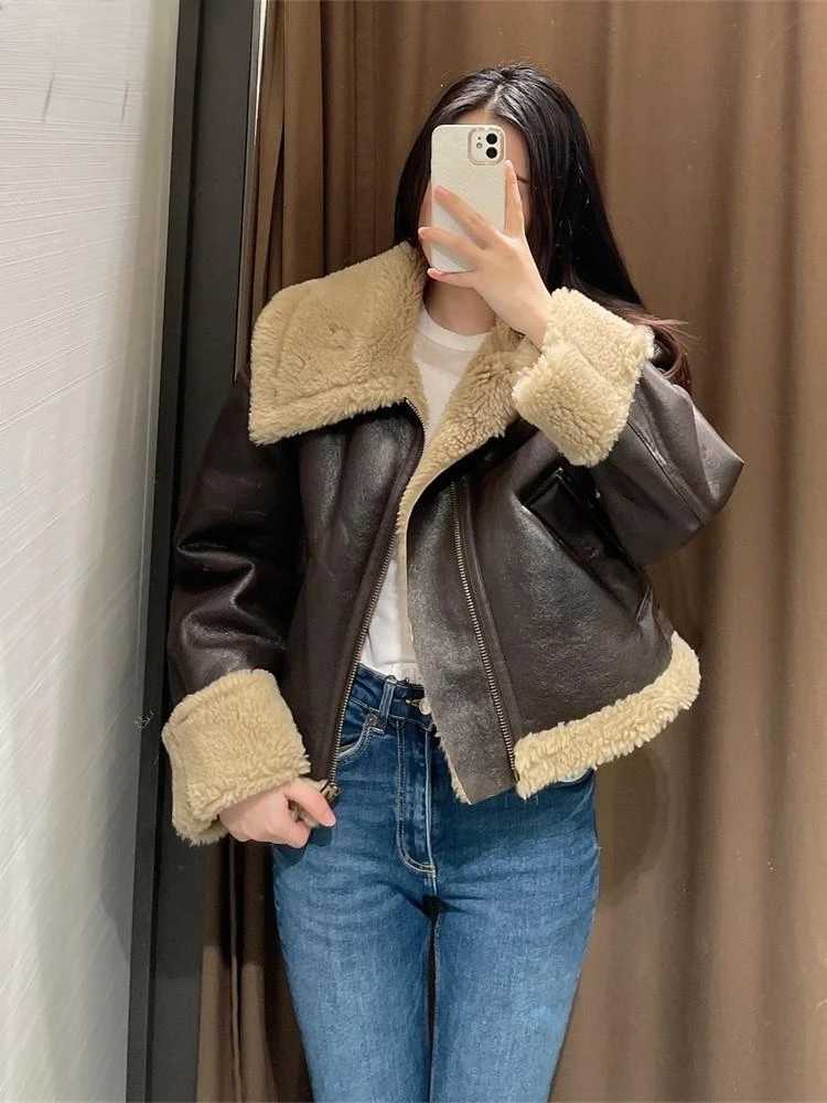 Fashion Fur Coat Women Lamb Wool Lapel Jackets Double-sided Short Women Coat Autumn And Winter Warm Cotton Jacket CoatX241018