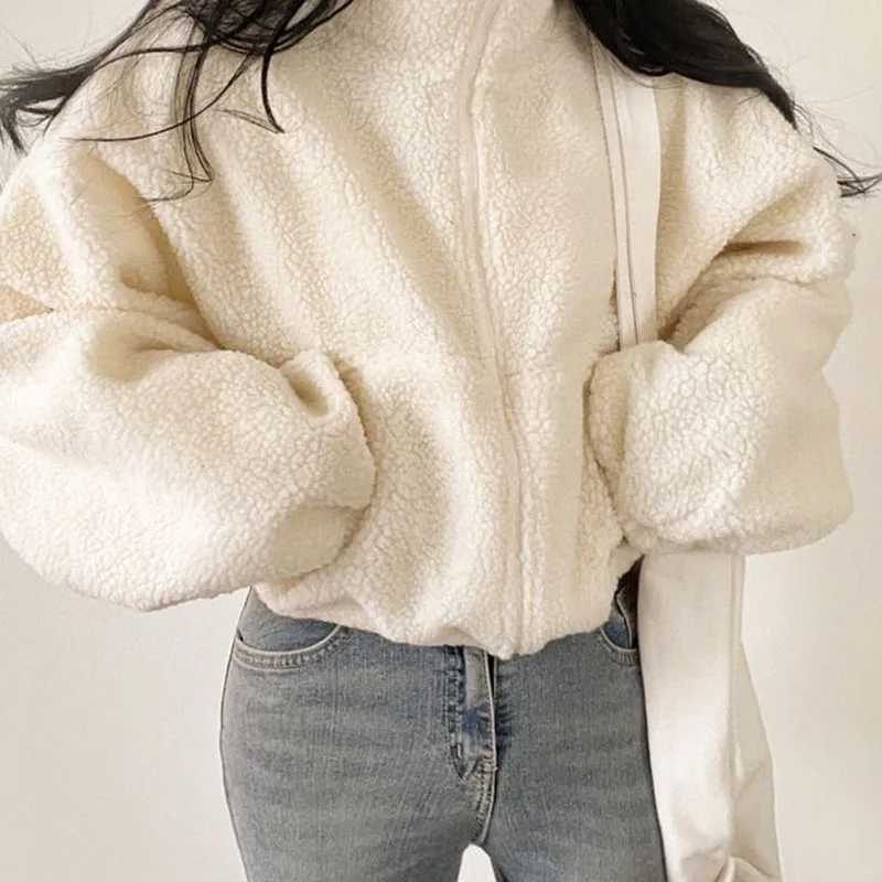 Lucyever Women Short Lamb Wool Jacket 2024 Autumn Winter Thicken Warm Plush Coat Female Fashion Zipper Stand Collar OuterwearX241018