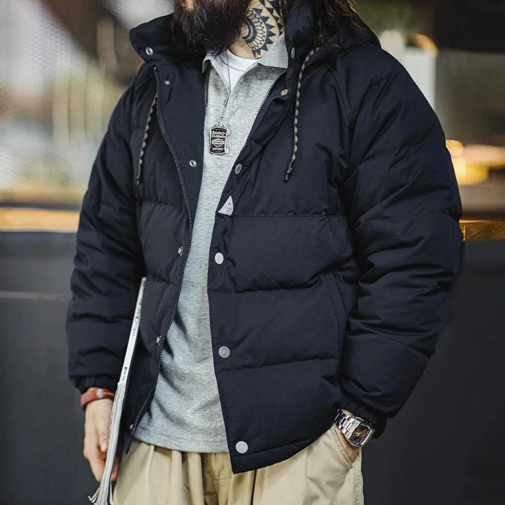 Maden Mens Winter Wide Quilting Seam Thickened Down Jacket White Duck Down Navy Blue Hooded Jacket High Density Fabric Warm Top 241017