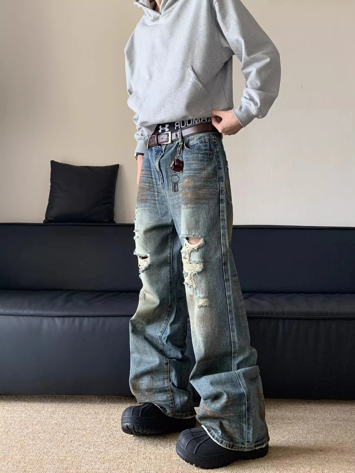 Dirty Holes Straight Jeans Punk Waste Soil Wash Splash Ink Brushing Paint Raw Edge Y2k 241010