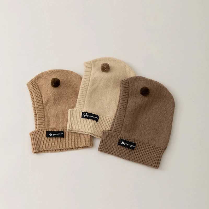 Cute Pompom Kids Balaclava Hat Winter Warm Ear Protection Cap Scarf One Piece Solid Color Wool Kids Beanie Caps LX241018