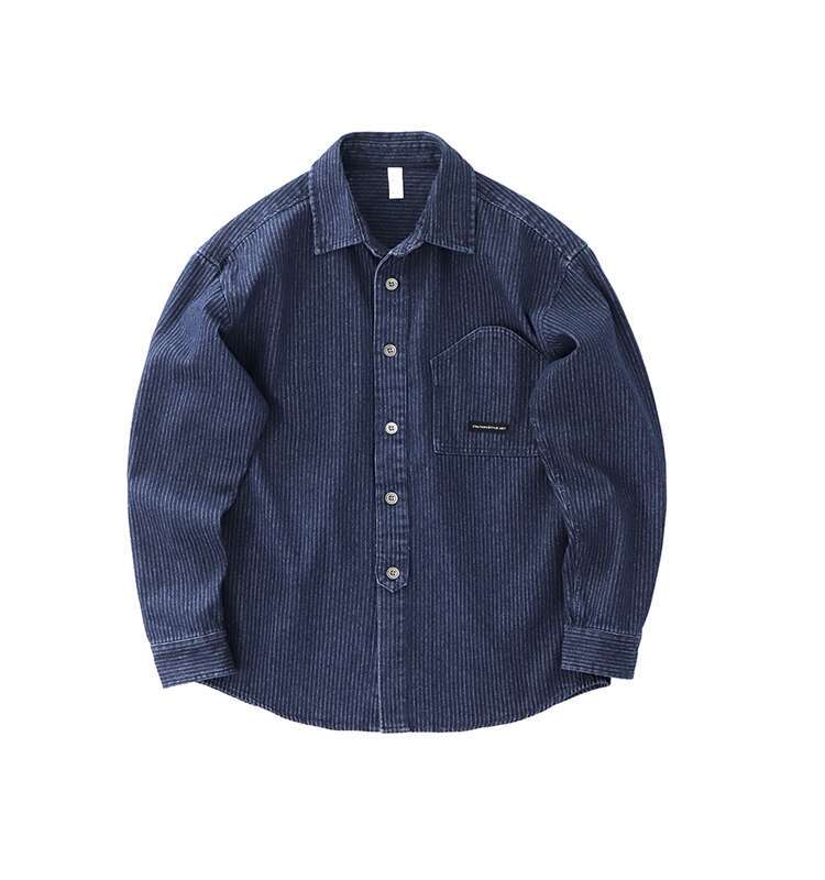 shanshi Men's shirts Vertical striped washed vintage autumn and winter handsome versatile workwear casual long sleeved denim shirt men's coa