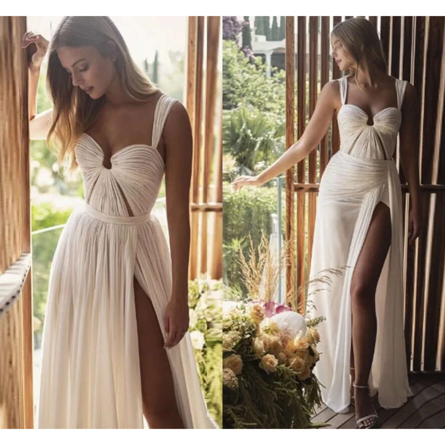 A Chiffon Sexy Simple E Wedding Dresses Bridal Gowns Boho Beach Spaghetti Straps Pleats High Side Slit Sweep Train Bride Dress Custom Made Robes De Ma