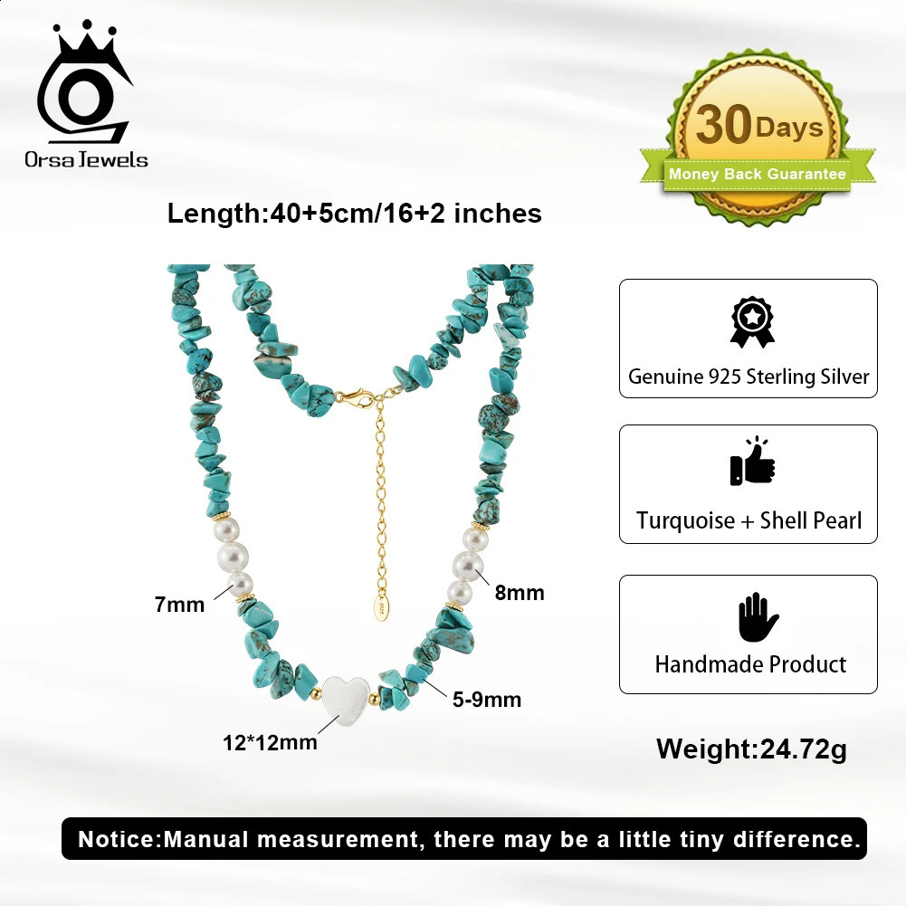 Orsa JEWELS 14K Gold Turquoise Necklace 925 Silver Shell Pearl Heart Pendant Necklace Jewelry Chain GMN57 241018
