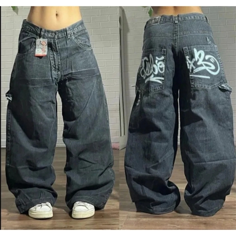 American Hip Hop Retro Gothic Print Jeans Women Y2K Street Selling Fashion Loose Straight Wide Leg Pants Unisex Joker Jeans 241017
