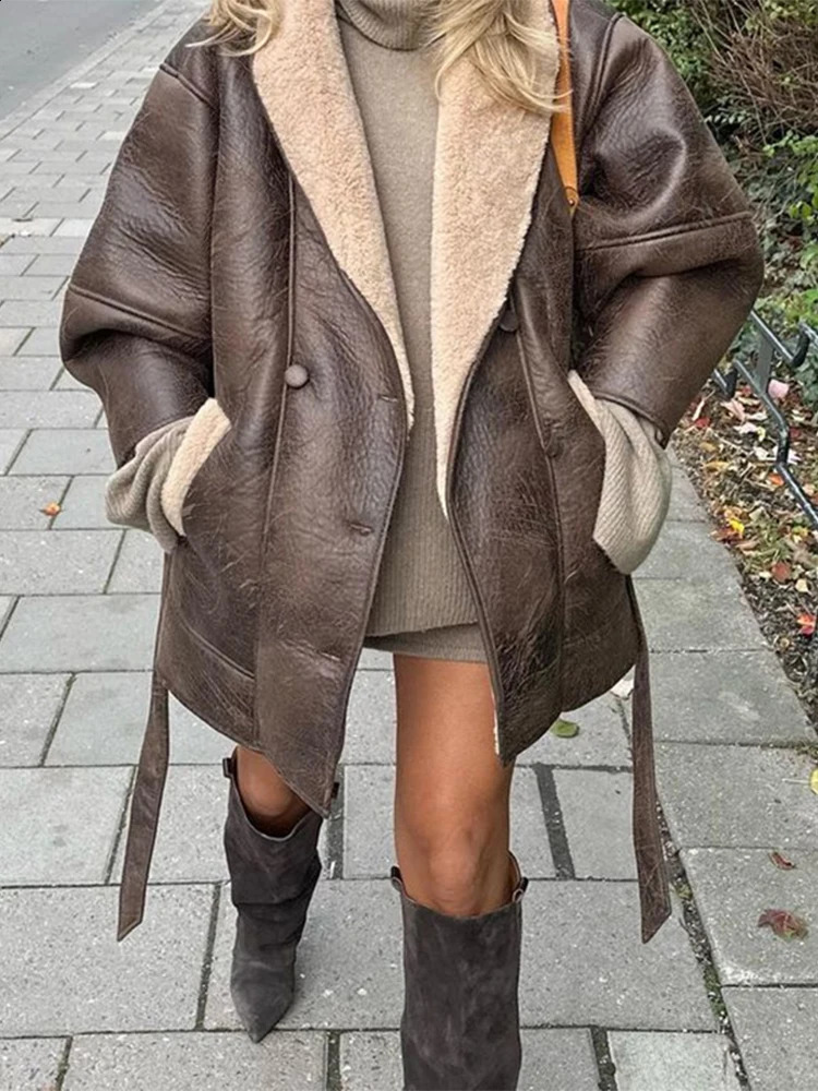 Thick Leather Jacket Women Winter Fashion Plush Single Breasted Turn-down Collar Belts Elegant Coat Female Long Sleeve Overcoat 241017