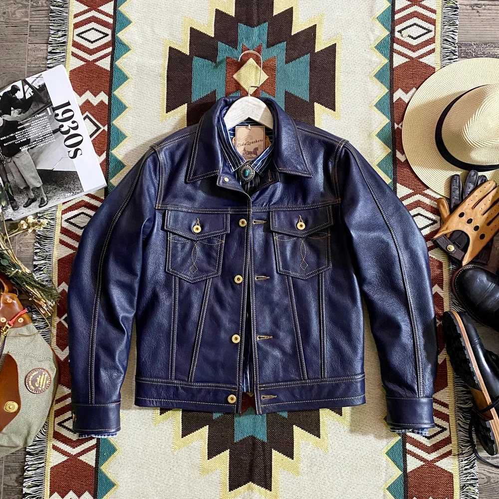 YR Free Delivery. Cuero Super Slim Blue Leather Jacket. Mens Classic Casual Short Young Cowhide Coat. Sales. Fashion Y241018