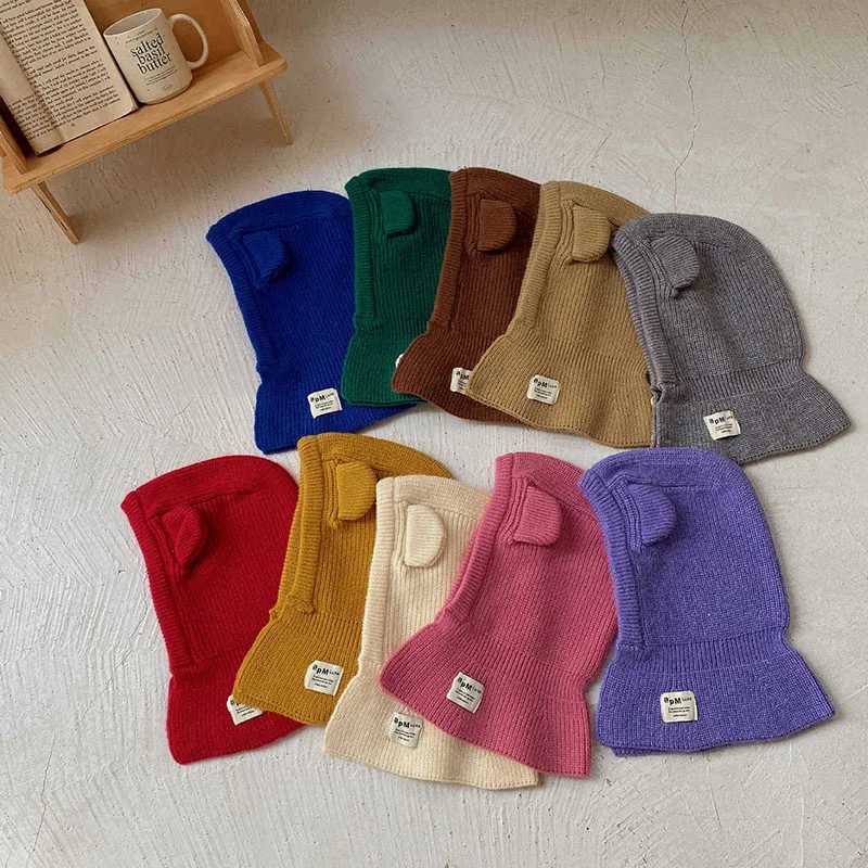 Korean Cute Bear Ear Baby Hooded Hat Winter Warm Knitted Ear Protection Balaclava Cap For Kids Girls Boys One Piece Scarf Cap LX241018