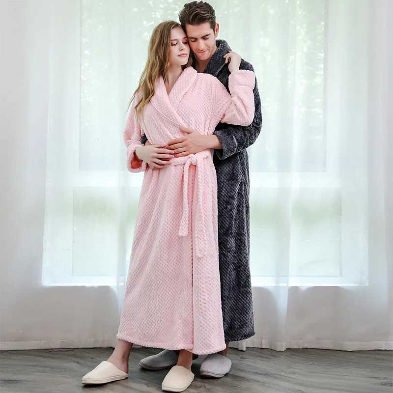 Autumn Winter Thick Flannel Couples Long Robe Sleepwear Warm Coral Fleece Bathrobe Loungewear Loose Casual Home Wear NightwearXJ241018