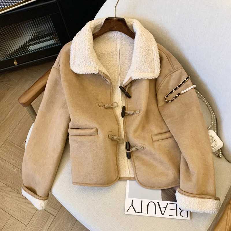 Bomon Korea Autumn and winter new loose casual horn button fur one lamb wool thick warm coat Womens fashion trend lapel coatX241018