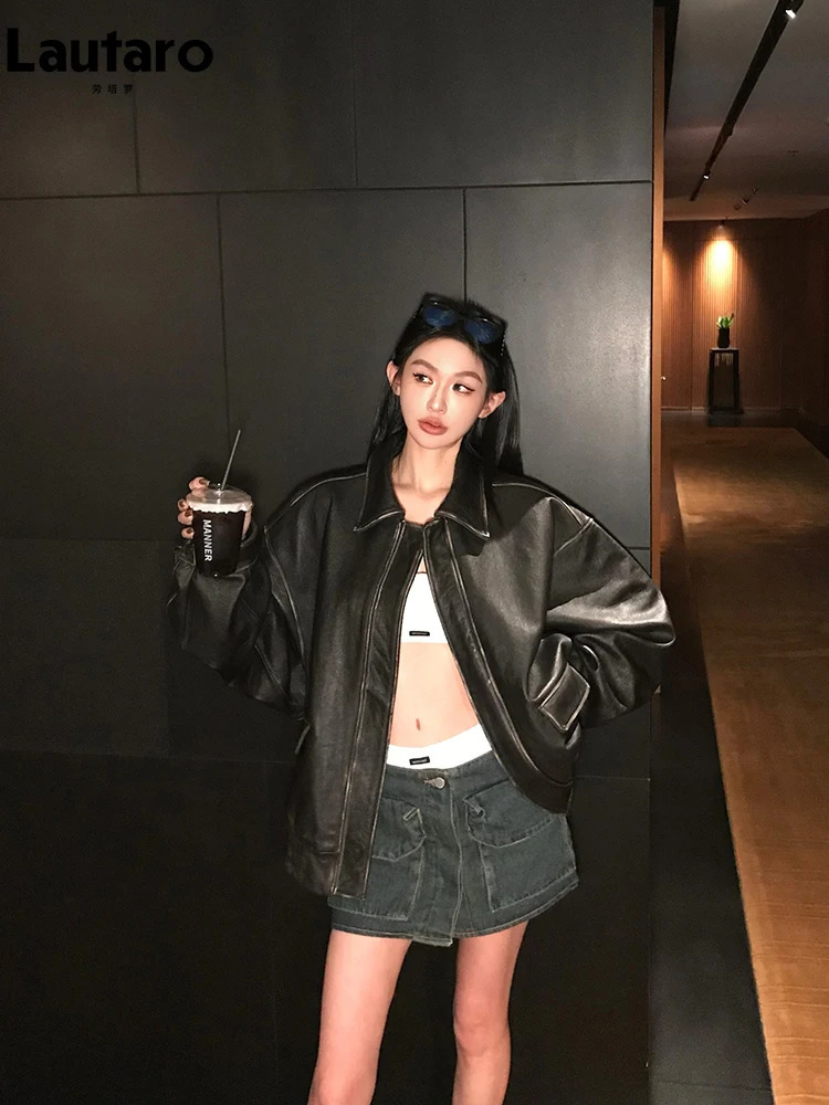 Lautaro Spring Autumn Cool Handsome Retro Oversized Distressed Brown Soft Faux Leather Jackets for Women Zipper Runway Fashion 241018