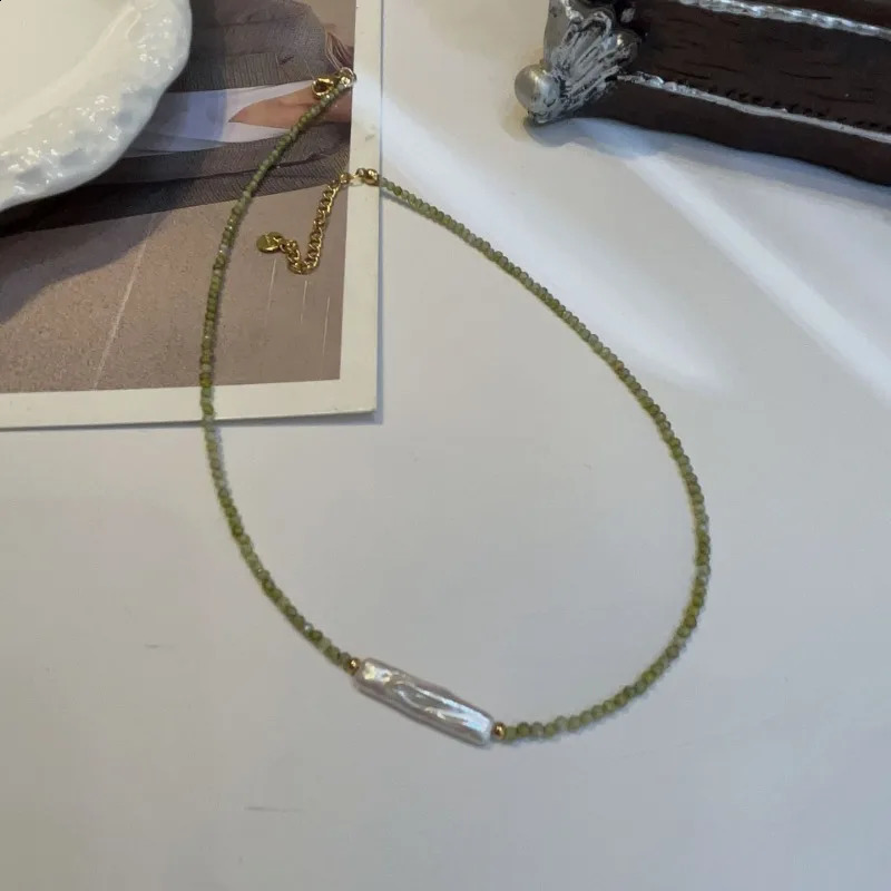 Minar Retro 2mm freshwater pearl bead necklace suitable for women pure gold copper plated green natural stone bead necklace 241018