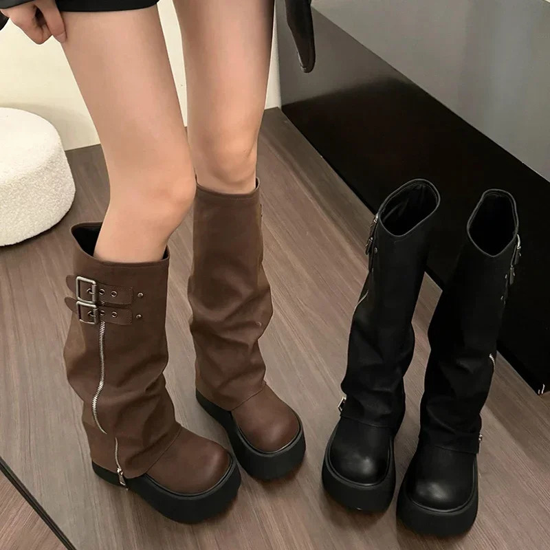 Short and chubby womens knight high heels fashion platform flat shoes long boots autumn womens western cowboy shoes241018bj