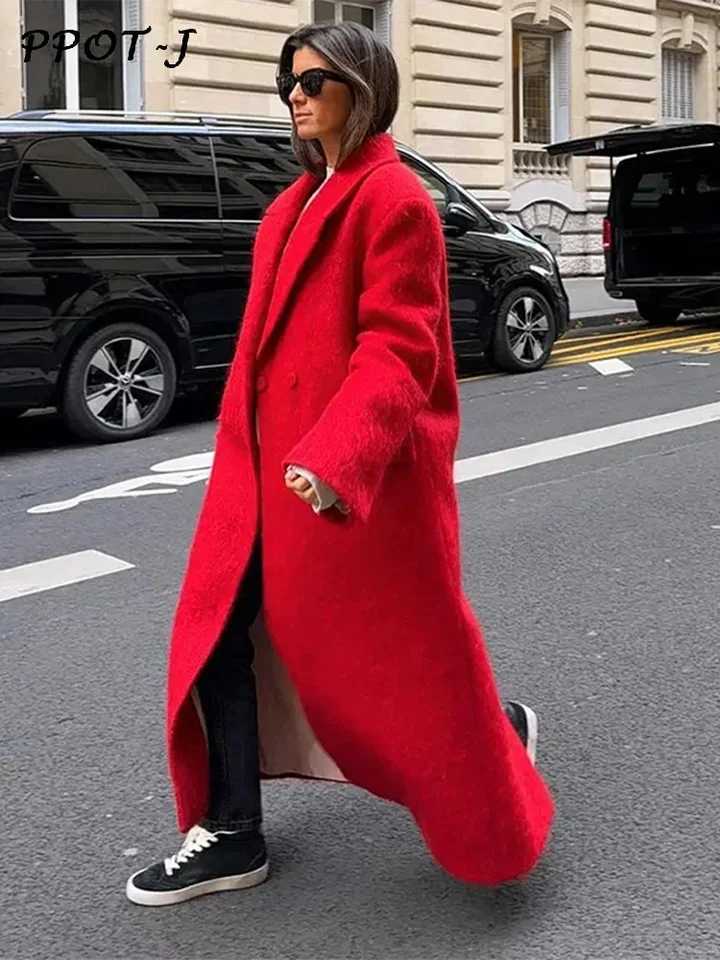 Red Woolen Lapel Women Coat Full Sleeve Loose Pocket Lady Maxi Outwear 2024 Elegant Office Autumn Winter Back Split Female TopX241009