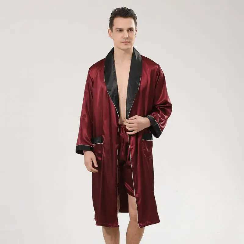 Men Satin Robe Set Loose Bathrobe Gown Long Sleeve 2PCS Sleewear Lapel Robe Shorts Male Casual Sleep Set Silky Pajamas SetXJ241018