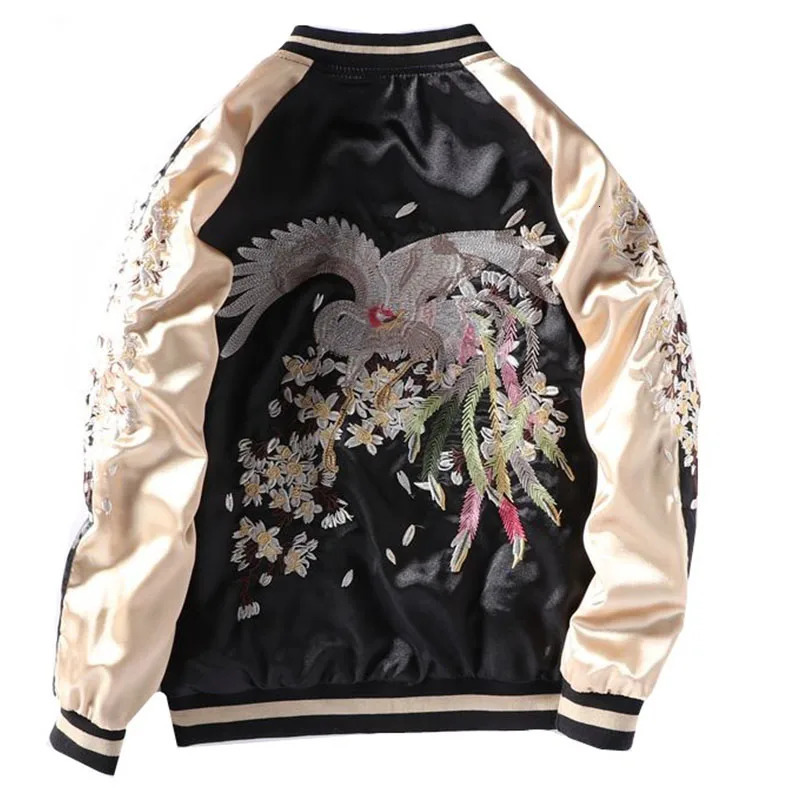 Yokosuka Embroidery Baseball Jacket Men Women Patchwork Color Silk Double Sided Bomber Coat 241018