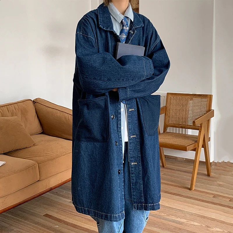IEFB Mens Coat Autumn Loose Denim Windbreaker Fashion Harajuku Unisex Knee Long Trench High Street Korean Outerwear 28A3615 241017