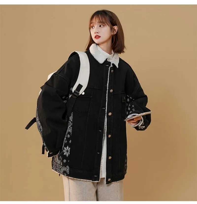 Vintage Winter Thicken Lambswool Denim Jackets Fashion Long Parkas Turn-down Collar Chic Printed Coats Warm Clothes for WomenX241018
