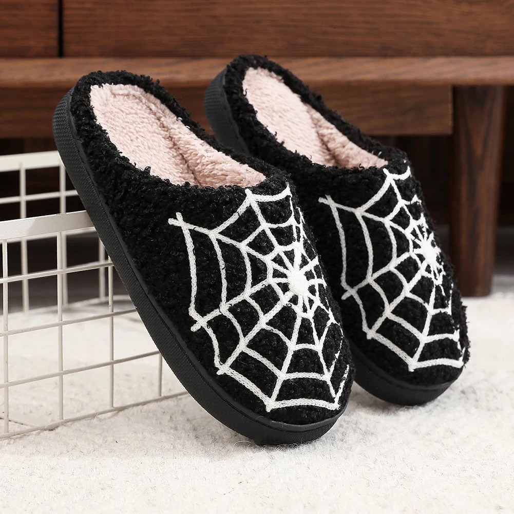 Halloween spider web pattern horror plush slider shoes for women comfortable fur spider web indoor slider Christmas gift241018bj