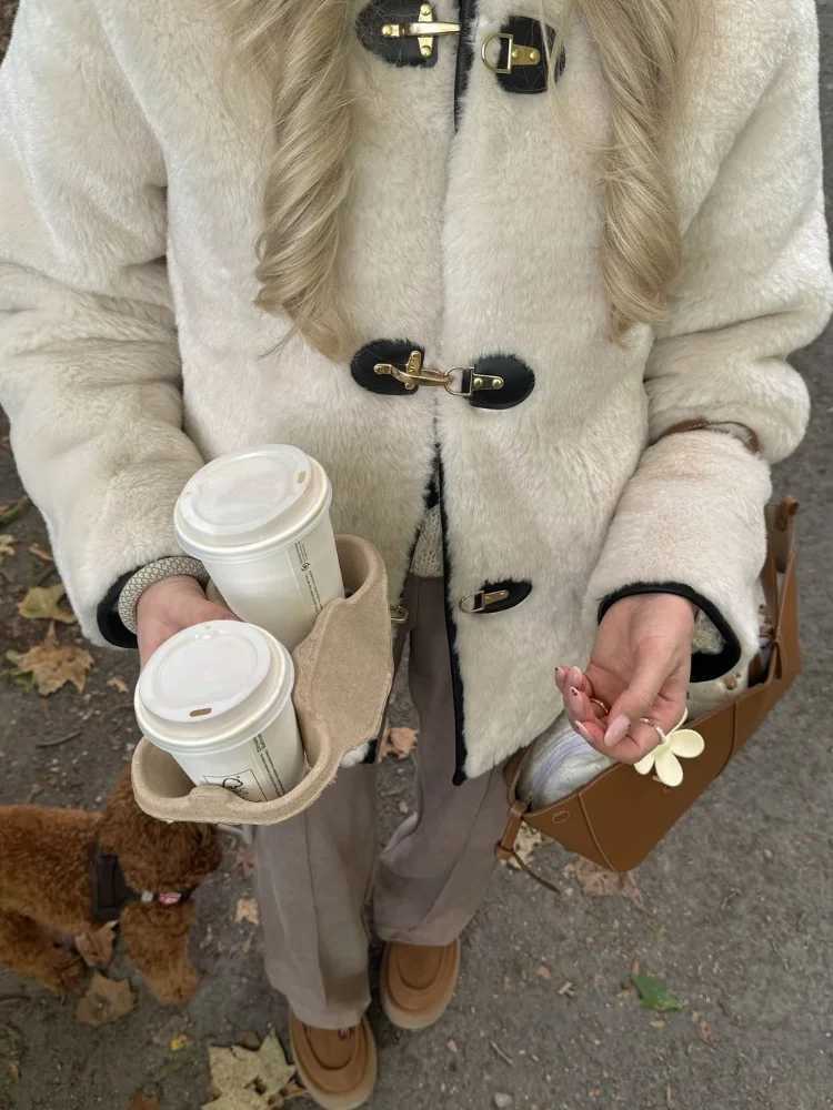 Casual Solid Lamb Wool Split Womens Jacket Fashion O-neck Double Breasted Pocket Coat Luxury Thick Lady High Street Outerwear X241018