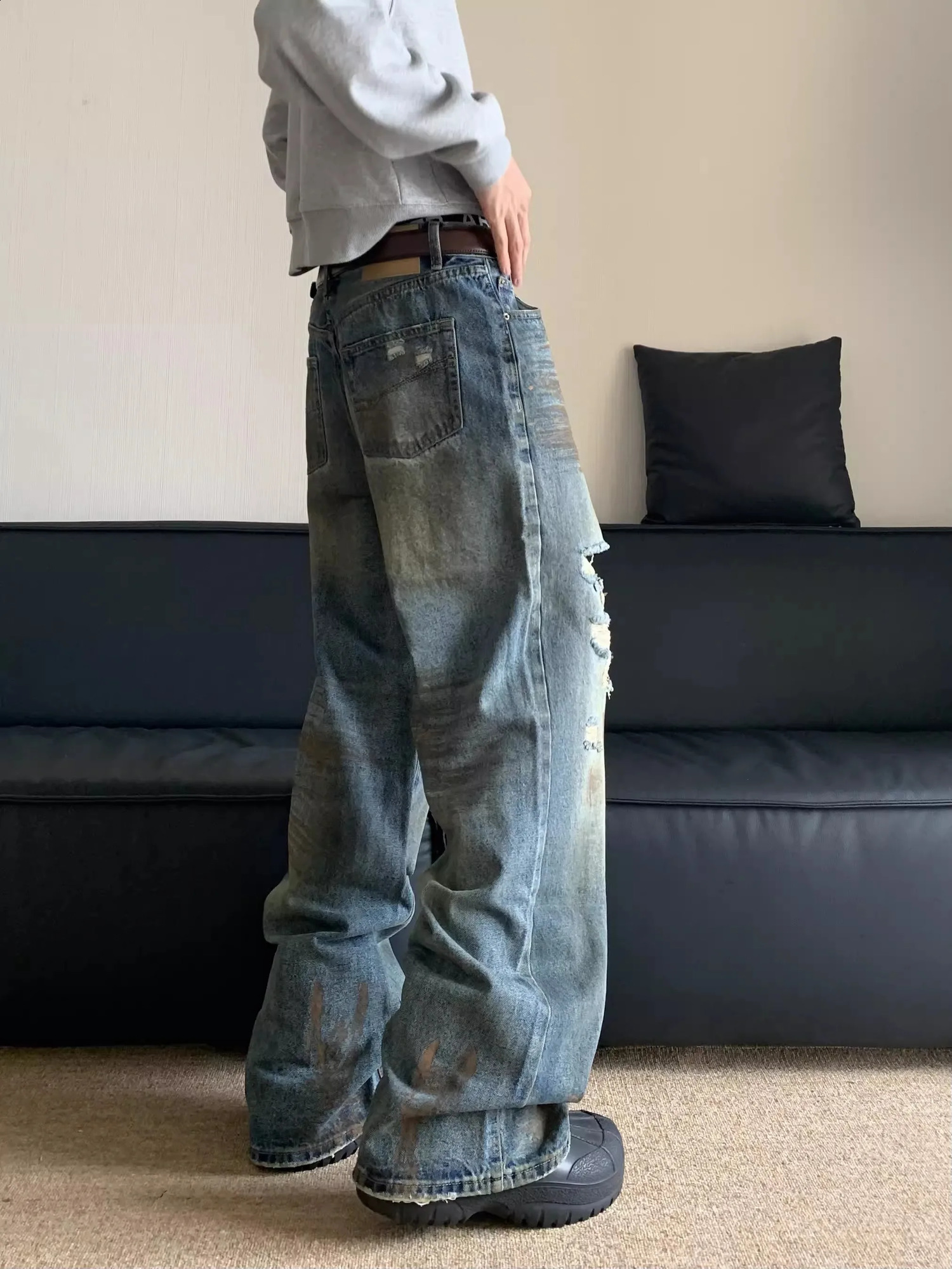 Dirty Holes Straight Jeans Punk Waste Soil Wash Splash Ink Brushing Paint Raw Edge Y2k 241010