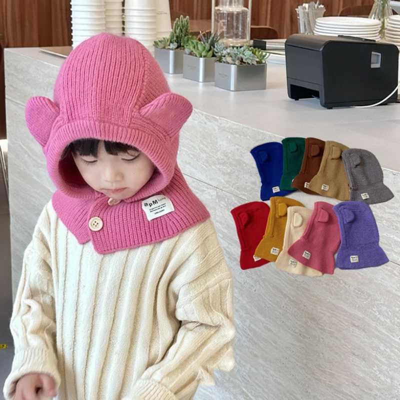 Korean Cute Bear Ear Baby Hooded Hat Winter Warm Knitted Ear Protection Balaclava Cap For Kids Girls Boys One Piece Scarf Cap LX241018