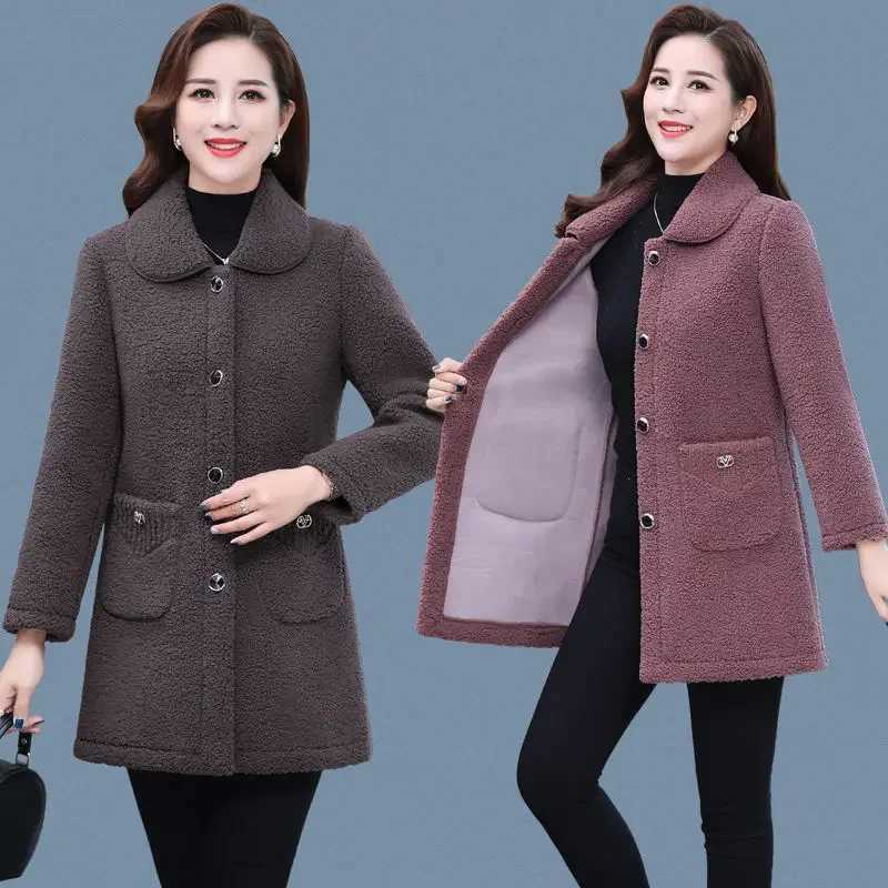 Middle-aged Mothers Faux Lamb Wool Coat Autumn Winter Loose Long-sleeve Outerwear Solid Female Jacket Parkas Casual Tops A309X241018