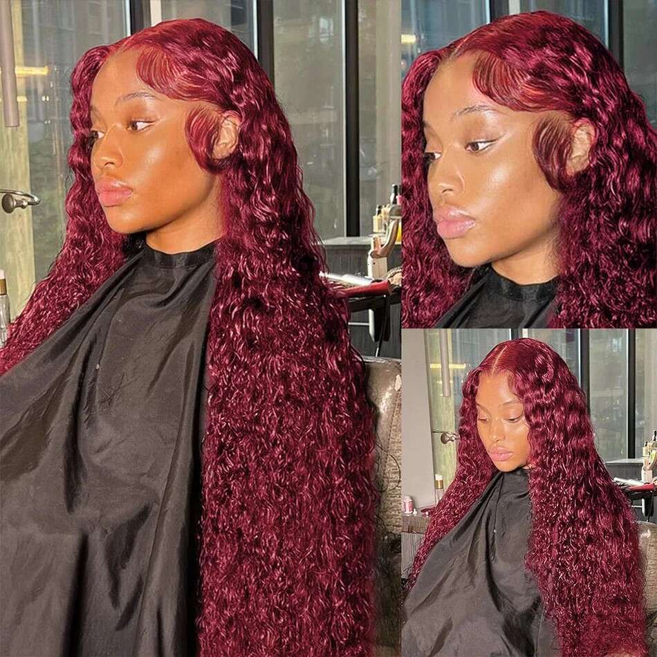 13x4 99J Burgundy Deep Wave 13x6 Lace Frontal Human Hair Wig 200 Density Curly Red Wine HD Lace Front Wig 32 36Inches Brazilian