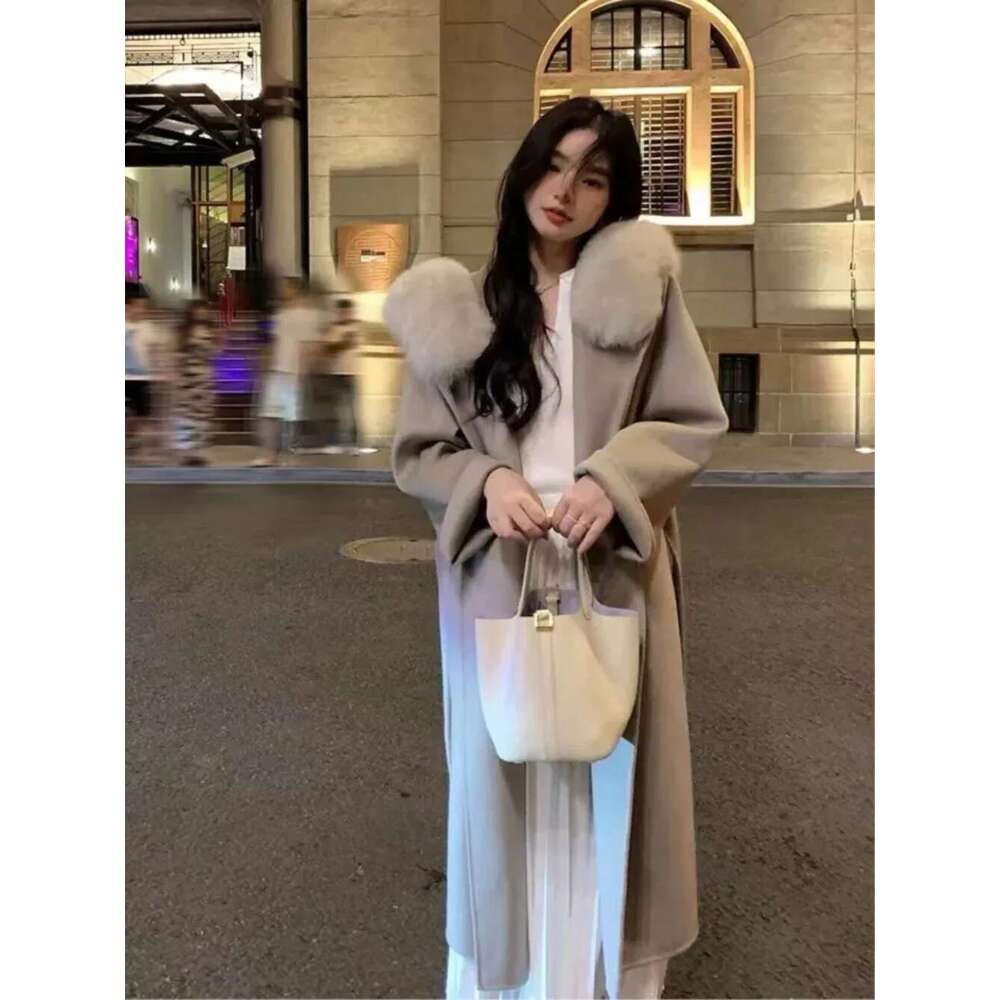 Natural Fox Soft Woolen Coats Female 2024 New Design Hooded Fur Wool Outerwear Jackets With Belt Women's Overcoats