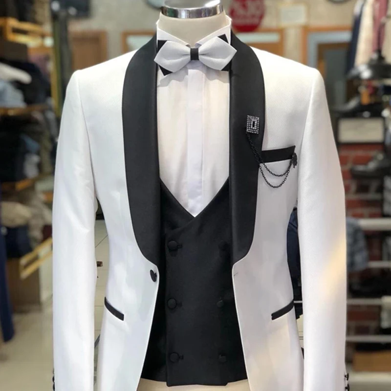 3 Pieces Wedding Tuxedos White Slim Fit Men Suits Jacket with Black Pants Vest Formal Fashion Groomsmen Wear 2024