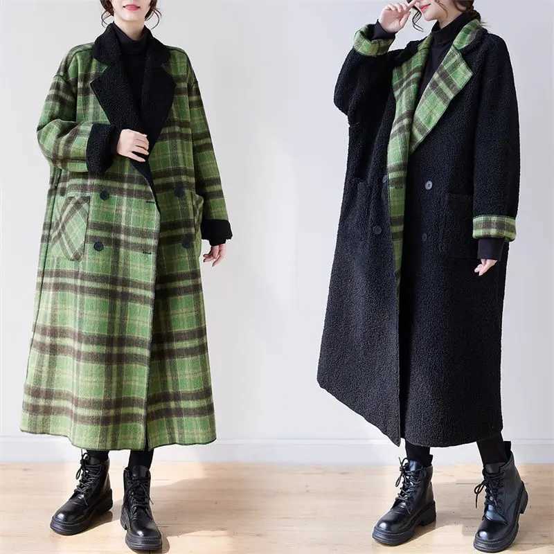 Oversized Womens Reversible Jacket Winter Plush Thickened Plaid Woolen Coat Vintage Long Loose Green Overcoat Windbreaker Z3460X241009