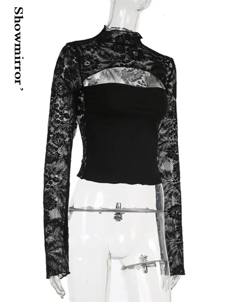 hollowedout lace cropped top tshirt hollow out chest long sleeve sexy y2k Girl party club gothic clothes shirt 241018