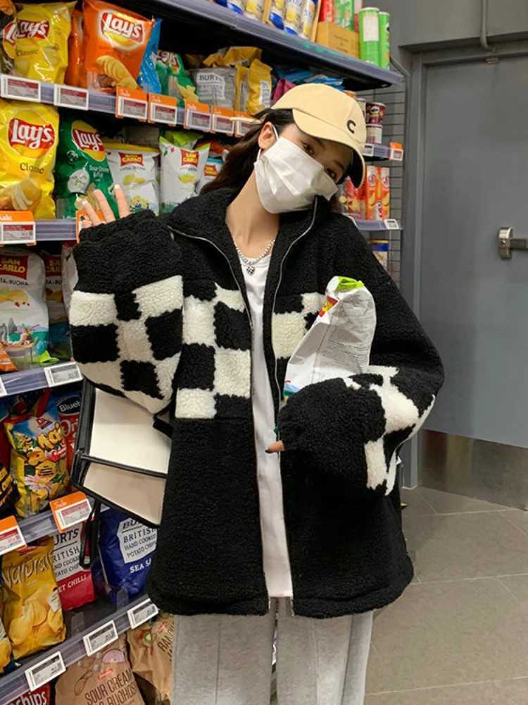 Deeptown High Street Zip Up Plaid Quilted Coat Women Harajuku Lamb Wool Jacket Retro Patchwork Loose Winter Outwear Preppy StyleX241018
