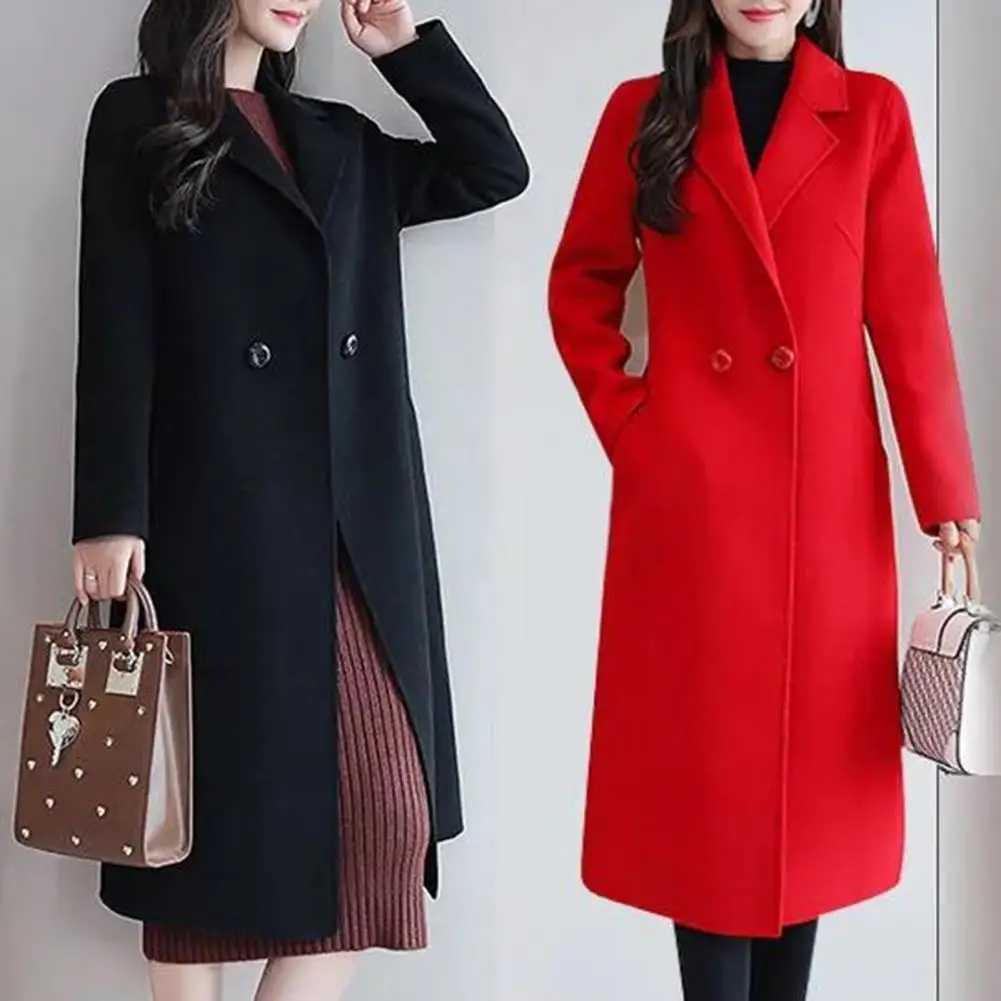 Women Woolen Coat Elegant Lapel Woolen Coat with Two Buttons Pockets for Women Stylish Mid-length Cardigan Outwear for AutumnX241009
