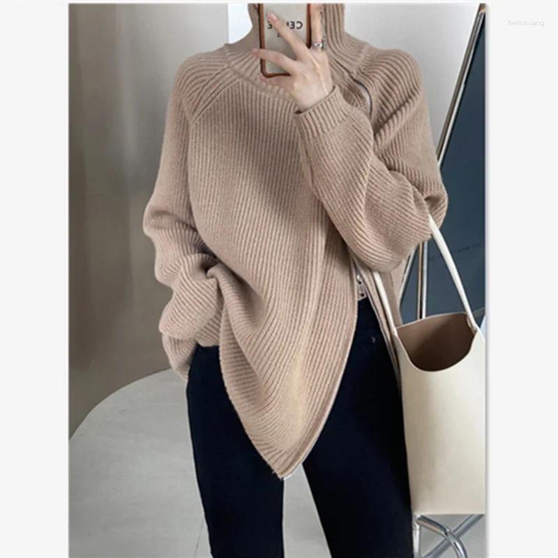 Turtleneck Cashmere Sweater For Women - Zippered Autumn Winter Fashion Knitted Pullover