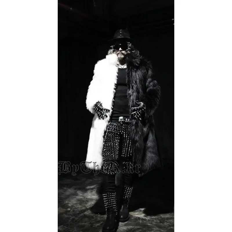 Matching jacket outerwear faux fur faux fur coat trench coat mens black and white steampunk fur leather jacket W241017