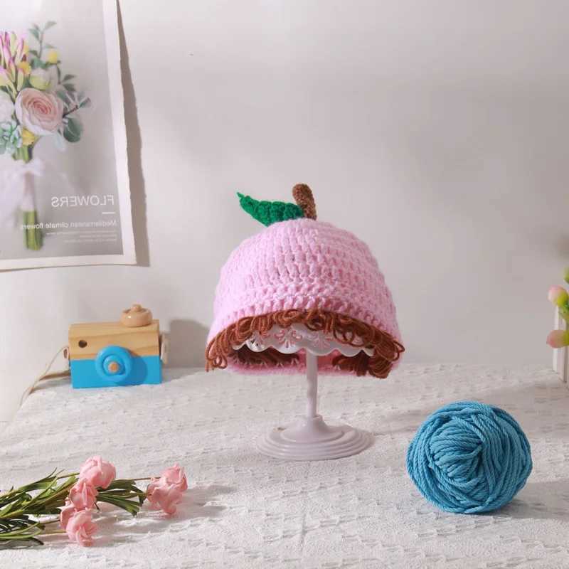 Cute Apple Shape Baby Girl Bucket Hat Hair Pigtail Braid Wig Cap Winter Warm Knitted Children Kids Girls Hats Caps Accessories LX241018